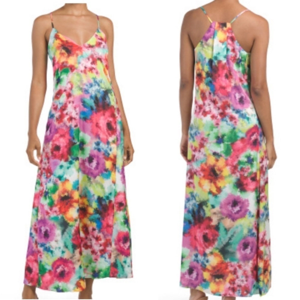 Nicole Miller plus size 1X rainbow watercolor slip dress women’s maxi length